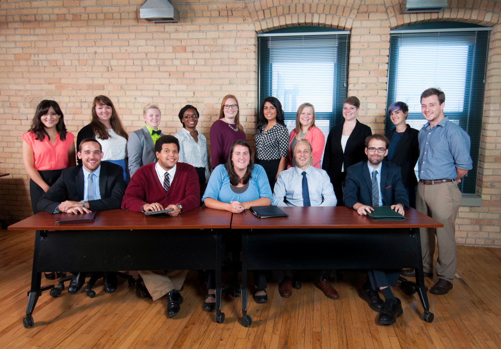 (Standing Left-Right) Yana Lentz, RESOURCE; Emma Olson, Jay and Rose Phillips Family Foundation; Katie Muller, Dunwoody College of Technology; Bianca Williams-Ford, Summit Academy OIC; Sofi Kragness, RESOURCE; Leanny Prieto, Latino Economic Development Center; Ivy Estenson, American Indian OIC; Clarissa Goldsmith, Lifetrack Resources; Brigit Boler, American Indian OIC and Bill Gaus, RESOURCE. (Seated L-R) Daniel Gerdes, Pohlad Family Foundation; Devan Steward, Twin Cities Rise!; Katie Goodroad, Summit Academy OIC; Trent Saari, Project for Pride in Living and Mike Peterson, RESOURCE.